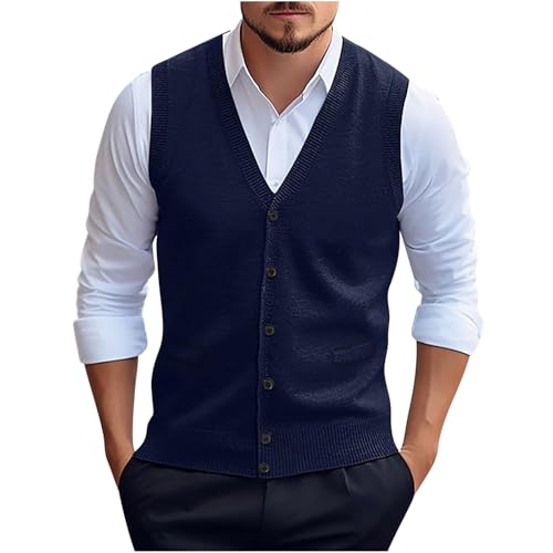 Sinzelimin Men's Knitwear Tank Tops Fashion Button V-Neck Sleeveless Blended Knit Vest Business Casual Base Sweater Pullover