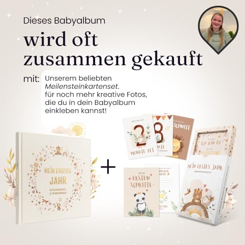 EULENTALER® Das Babyalbum mein erstes Jahr \BOHO\ I Von Pädagogen gestaltet I Mit handgemalten süßen Illustrationen I Echtes Leinencover + Goldprägung I Babytagebuch für Jungs & Mädchen zur Geburt