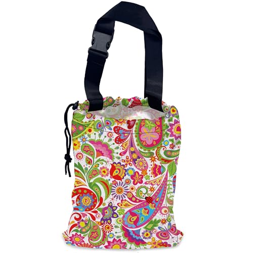 Image of Colorful Paisley Car Garbage Bag,Ethnic Floral Waterproof Small Car Trash Bag Hanging Back of Seat,Drawstring Hanging Car Trash Bag with Adjustable Buckle for Car Accessories