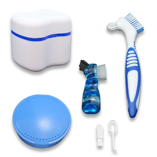 Juego de caja de retención de dentadura con 2 herramientas de extracción de alineadores, kit de limpieza de dentaduras dentales con espejo, cepillo de limpieza de prótesis para viajes (azul)