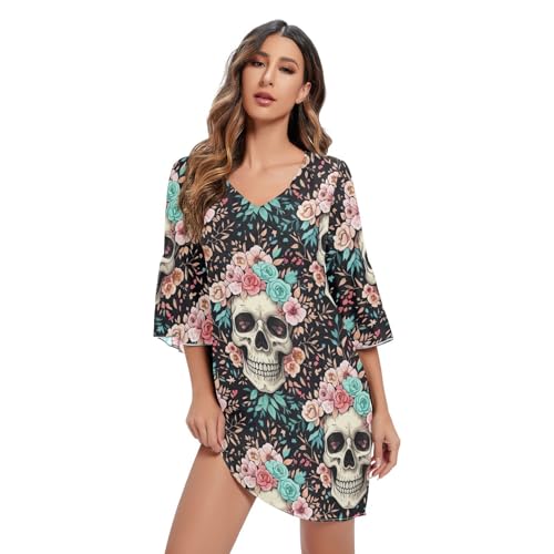 Robe mousseline imprimée crânes fleurs pastel noir court vêtement été femme fluide style gothique chic