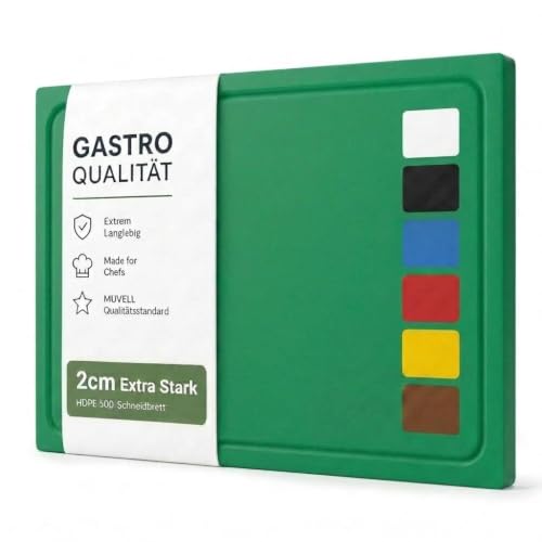 Muvell stabiles Schneidebrett Kunststoff | Grün, 45x30x2 cm | Spülmaschinenfest, EXTRA dick, messerschonend | Farben & Größen auswählbar | HACCP Obst & Gemüse Küchenbrett | Schneidbrett mit Saftrille