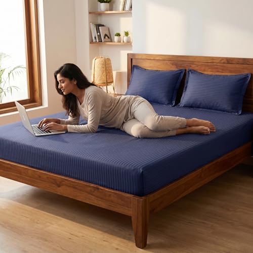 Image of Mafatlal Italian Strip Cotton Bedsheet with 2 Pillow Covers for King Size Bed | 210 TC Pure Cotton Flat Sheet Blue | 108 x 108 Inches | Comfortable & Long Lasting