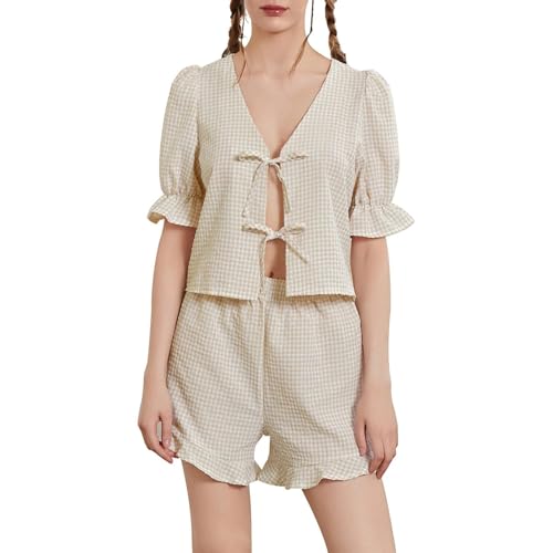 Mashaouyo Pijama para mujer, con botones, mullido, ropa de descanso, pantalones cortos, ropa de dormir, camisón de algodón, trajes de descanso, camiseta, camisón, conjuntos de pijama de manga corta,
