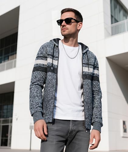 Image of LLdress Mens Knit Cardigan Sweaters Sherpa Lined Full Zip Hoodie With Pockets