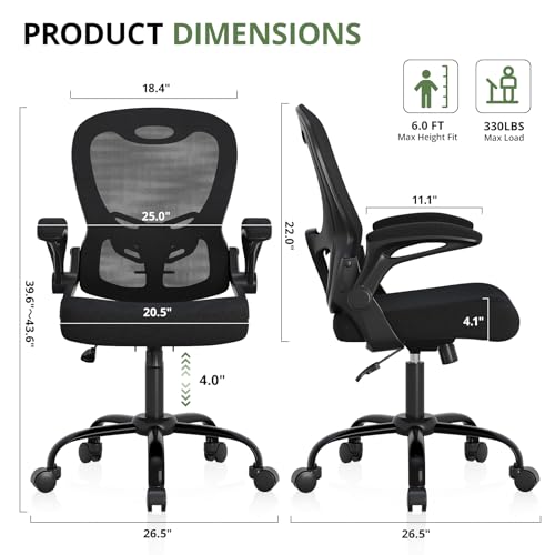 Office Chair 330 lbs Capacity, Ergonomic Breathable Mesh Desk Chair with Lumbar Support & Flip-Up Armrest, High Back Computer Chair for Home Office, Black