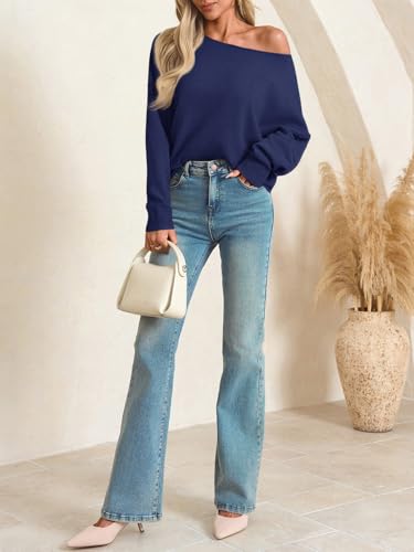 Image of Saodimallsu Womens Off The Shoulder Sweater Boat Neck Batwing Sleeve Knit Pullover 2025 Cute Casual Trendy Jumper Tops