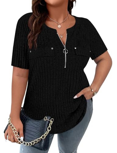 Viracy Plus Size Womens Tops 1/4 Zip Up Casual Shirts Lightweight Short Sleeve Tunics