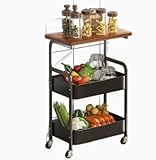 Qnbonrich Bücherwagen mit 3 Ebenen, Rollwagen Metall mit Stecktafeln & Tischplatte, Servierwagen für Küche, Wohnzimmer, Haus & Büro, Küchenwagen mit Rollen, Bastelwagen (Schwarz)