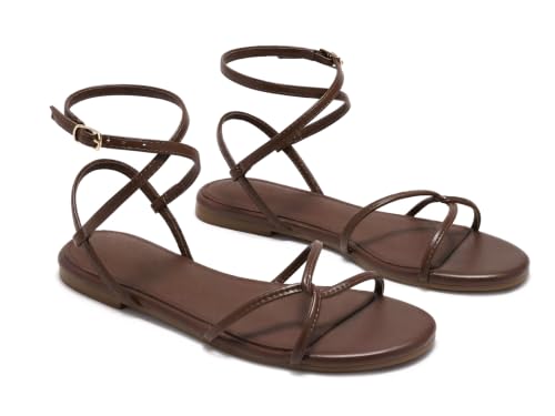 Coutgo Womens Flat Sandals Strappy Open Toe Cross Lace Up Ankle Strap Summer Dressy Beach Shoes, Coffee, size 10