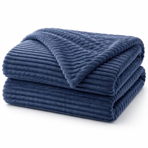 Image of WONJU Premium Ultra Soft Coral Fleece Blanket for Bed & Sofa | Warm Plush Ribbed Throw | Lightweight Cozy Winter Blanket | Machine Washable | Multiple Colors (Blue)