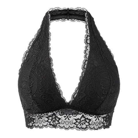 Cotorance Womens Lace Bra No Underwire No Pads V Neck Halterneck Elastic Bralettes Black 34D 36A 36B 36C Cover