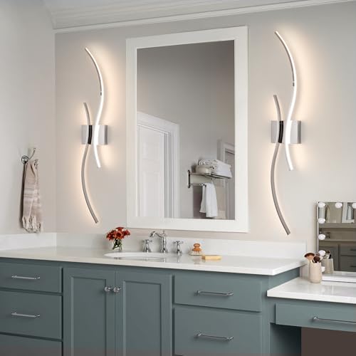 Image of CANEOE Modern Wall Sconce Set of, 5CCT Dimmable Indoor Led Wall Sconce Lighting Set of 2, 31.5 Inch Wall Light Fixtures, Chrome Led Wall Lamps for Living Room Bedroom Bathroom Hallway
