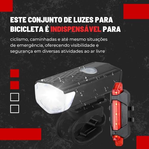 Kit de luzes de bicicleta recarregável, conjunto de farol e lanterna traseira, impermeável, vários m