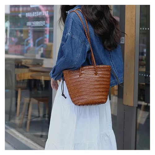 Top Layer Cowhide Hand Knitting Woven Shoulder Bag Vintage Leather Vegetable Basket Travel Beach Tote Bag(A3)3