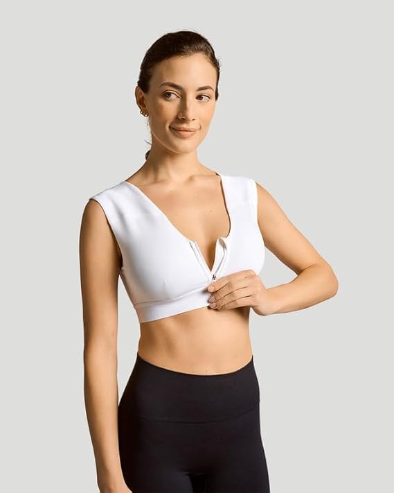Image of Tommie Copper Shoulder Support Compression Bra with Front Zipper Closure Wireless Posture Corrector & Back Support Bra UPF 50