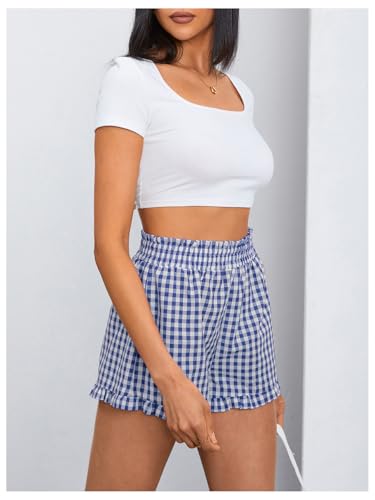 Image of MakeMeChic Women's Gingham Ruffle Lounge Shorts Elastic High Waist Pajamas Boxer Shorts
