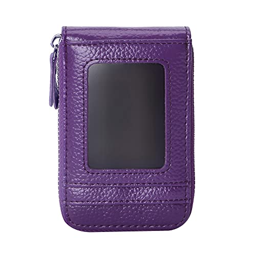 Credit Card Holder,Cowhide Leather Wallets Business Card Holder Credit Card Protector Case 9 Cards Slots Zipper Card Cases Holder for Women Men,Purple - Main Image