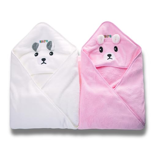 Image of Ioly's Hooded Baby Bath Towels for Newborn Essentials 41 inch Set of 2 Towels with Hood for Kids Babies Toddler Infant (Large) Baby Towel Cosas para Bebes recien nacidos Bath Items (White and Pink)