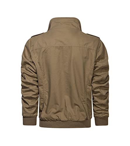 Anzerll Men's Cotton Lightweight Jacket Military Stand Collar Coat Casual Full Zipper Multi Pocket Windbreaker(Khaki M) #TOP1