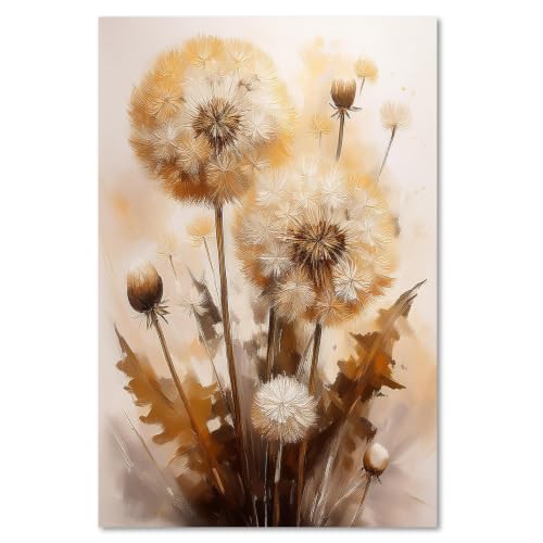 Lienzo decorativo de diente de león 40x50 cm, arte floral moderno en tonos marrón y dorado