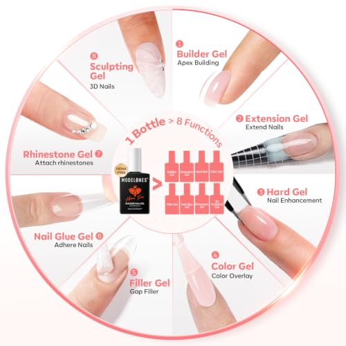 Image of modelones Builder Nail Gel Barely Pink HEMA-Free Builder Color Gel Polish | 8-in-1 Sheer Pink Strengthener Rubber Base Gel Polish for Nail Extension, Natural Apex, Self-Leveling, U /V Cured Home Salon
