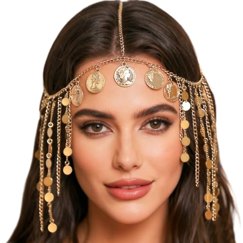 Collier de Tête Doré Déesse, Gold Chaîne de tête à paillettes pour mariée Accessoires de cheveux Bohème pour Costume de Voyante, femmes et filles de...