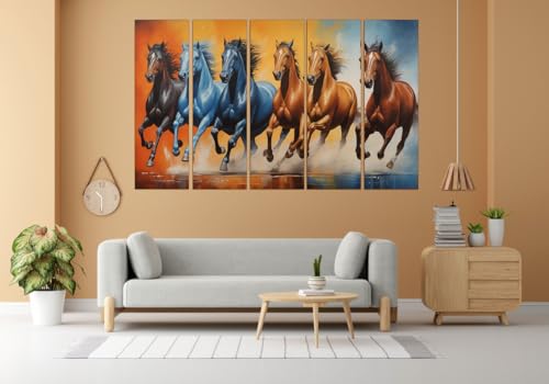 Image of KYARA ARTS 7 Horses Wall Painting for Living Room Big Size(30inchx48inch) Running Horses Painting Vastu for Bedroom, Office, Hotel - Wall Decor Wooden Framed-Digital Painting