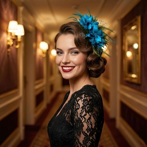 Image of DRESHOW Womens Fascinators Hats Tea Party Hats for Women Pearl Lace Feather Hat Vintage Derby Hats for Wedding Cocktail