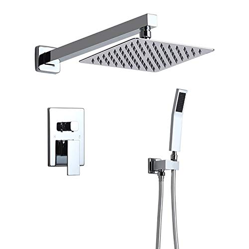 Homary Wall Mount Square Shower Faucet 2-Function Shower Combo Set for Bathroom with 10 Rain Shower Head, Handheld Shower and Pressure Balance Valve, Solid Brass in Polished Chrome