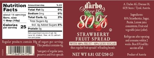 Darbo Strawberry Spread, 80% Fruit, All Natural, 40% Less Sugar - 8.81oz