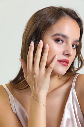 100% 14k Real Gold Bracelet Ring Hand Chain - Adjustable Finger Chain Bracelet Gold | Dainty Charm Hand Jewelry for Women | Birthday Gifts for Women | 7'' to 8''3