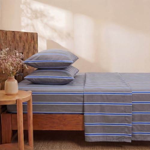 Image of Merryword 100% Cotton Sheet Set Full Size - Blue and Gray Striped Bedding, Soft Breathable Percale Weave, Deep Pocket Fitted Sheet 17.5 inch, Luxury & Silky Soft Sheet Set for All Seasons