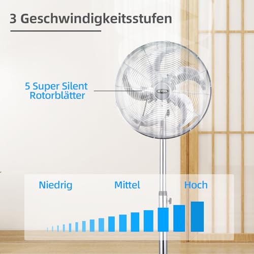 Be Cool Standventilator 40cm Super Silent BC40MSTF2205SS- Super Silent, Ø 40 cm, 50 Watt, stufenlose Höhenverstellung, 5 Rotorblätter, chrom, Silber-5