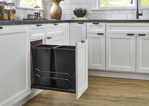 Rev-A-Shelf Double Pullout Trash Cans for Under Kitchen Cabinets 35 Quart 8.75 Gallon with Soft-Close Slides, Metallic Silver, 53WC-1835SCDM-217