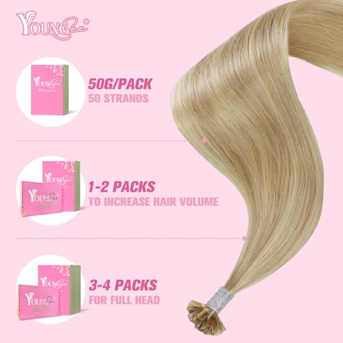 Image of YoungSee K Tip Hair Extensions Human Hair Blonde Highlight Ktip Human Hair Extensions Golden Blonde Highlight 14inch 50s /50g