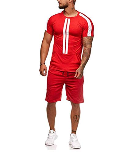 Men's Casual Tracksuit 2Pcs Set Short Sleeve T-Shirts and Shorts,Jogging,Running,Sports Set (M, Red)