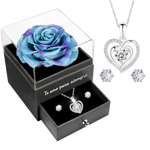 Miofula Rosa Eterna Regalos Originales para Mujer, Flores Preservadas Caja de Regalo con Collar y Aretes,Regalo Aniversario Pareja, Regalos San Valentin Mujer Regalo Novia Mama San Valentin Cumpleaños