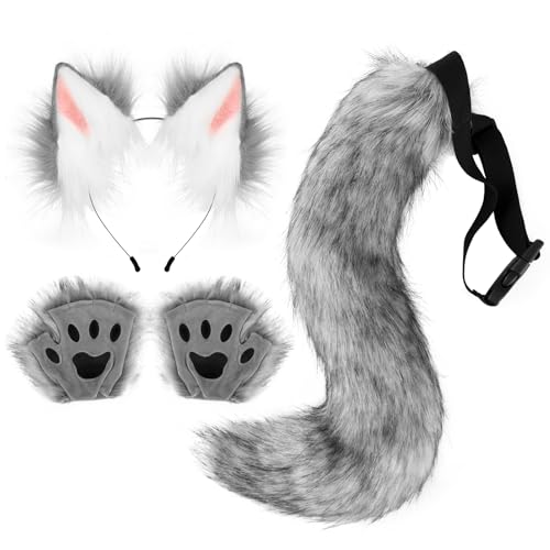 HAOAN Faux Fur Wolf Ears Headband Fox Tail and Paw Gloves Set Cosplay Halloween Costume Accessories