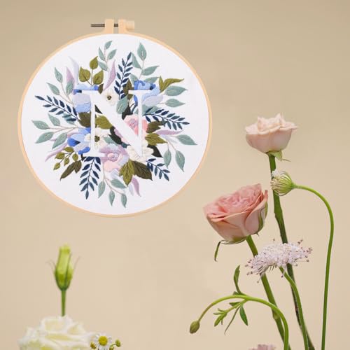 Image of IUHUI Embroidery Kit for Beginners Adults - 26 Floral Letters Easy Patterns, DIY Hand Stitching Embroidery Set with Hoop (Flower and Grass Letter N)