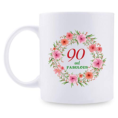 90th Birthday Gifts for Women - 90 and Fabulous with A Garland Birthday Mug - 90 Year Old Present Ideas for Mom, Wife, Grandmother, Daughter, Sisters, Friends, Colleague, Coworker - 11 oz Coffee Mug