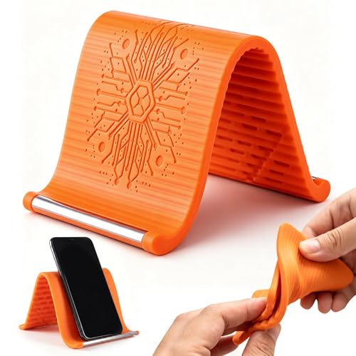 Starsurp Portable Foldable Silicone Aluminum Phone Holder 2026 New Flexible Silicone Phone Holder Folded into Any Shape Universal Adjustable Anti-Slip Desktop Mount for Home Office Travel (Orange)