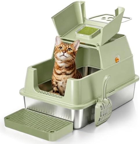 Edelstahl Katzenklo mit Deckel, 60x40x39 cm, Katzentoilette Große XXL | Katzentoilette aus Edelstahl, Geschlossen Katzentoiletten Katzen WC, katzenschaufel, Flip Deckel Katzenklo-G
