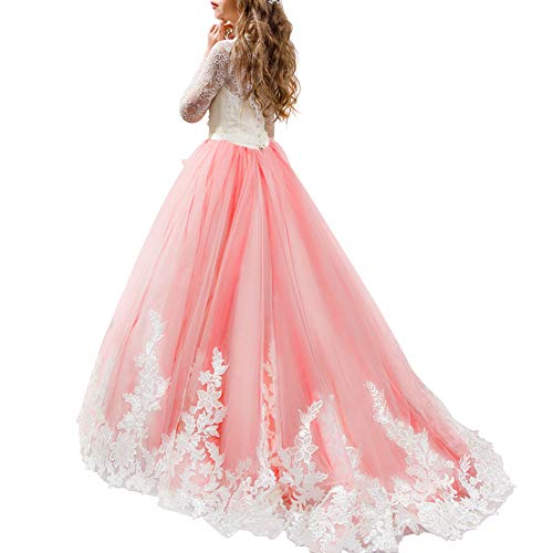 IWEMEK Girl Lace Embroidery Flower Long Sleeve Wedding Trailing Dress Princess Pageant Party Floor Length Communion Prom Gown2