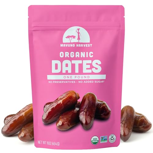 Mavuno Harvest Pitted Dates Dried Fruit Snacks | Organic Dried Dates | Healthy Snacks for Kids and Adults| Deglet Noor Dates | No Sugar Added, Vegan, Non GMO | Resealable Bulk Bag | 1 Pound