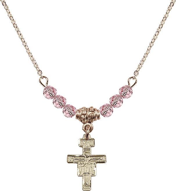 18" Gold Plated Necklace with 4mm Light Rose Crystal Beads featuring a 14kt Gold Filled San Damiano Crucifix Medal.
