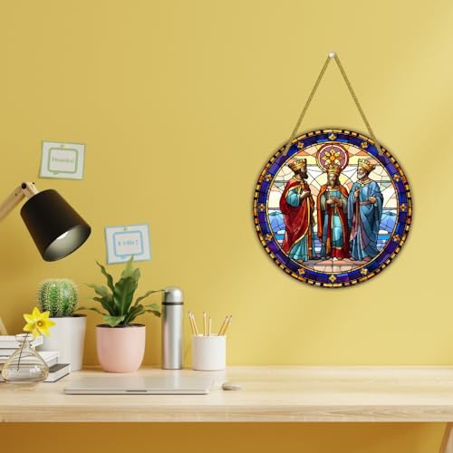 Image of Printality Stained Glass Style Christian Wall Hanging | Round MDF Plaque with Glossy Finish & Golden Zardosi String | Religious Wall Art | Jesus, Mary & Angels Design | Faith Home Decor (Design 7)