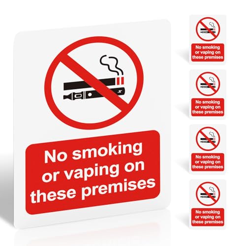 No Smoking or Vaping on These Premises Sign - 5 Pack 100x75mm Self-Adhesive Vinyl Sticker - UV Printed Matte Surface Waterproof EN ISO 7010 Compliant