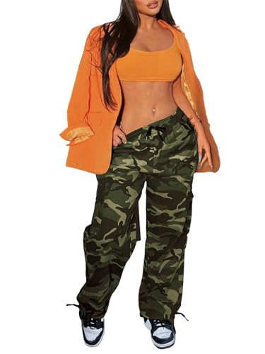 SDNGED Camo Cargo Pants for Women,Womens Drawstring Elastic Waist Cargo Pants with Pocket,Baggy Camouflage Pants for Women