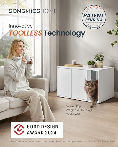 SONGMICS HOME Cat Litter Box Enclosure, Superfast Toolless Assembly, Cat House for Large Cats, Display Side Table, Push-to-Open Doors, Minimalist Modern, Snow White UPCL013W01